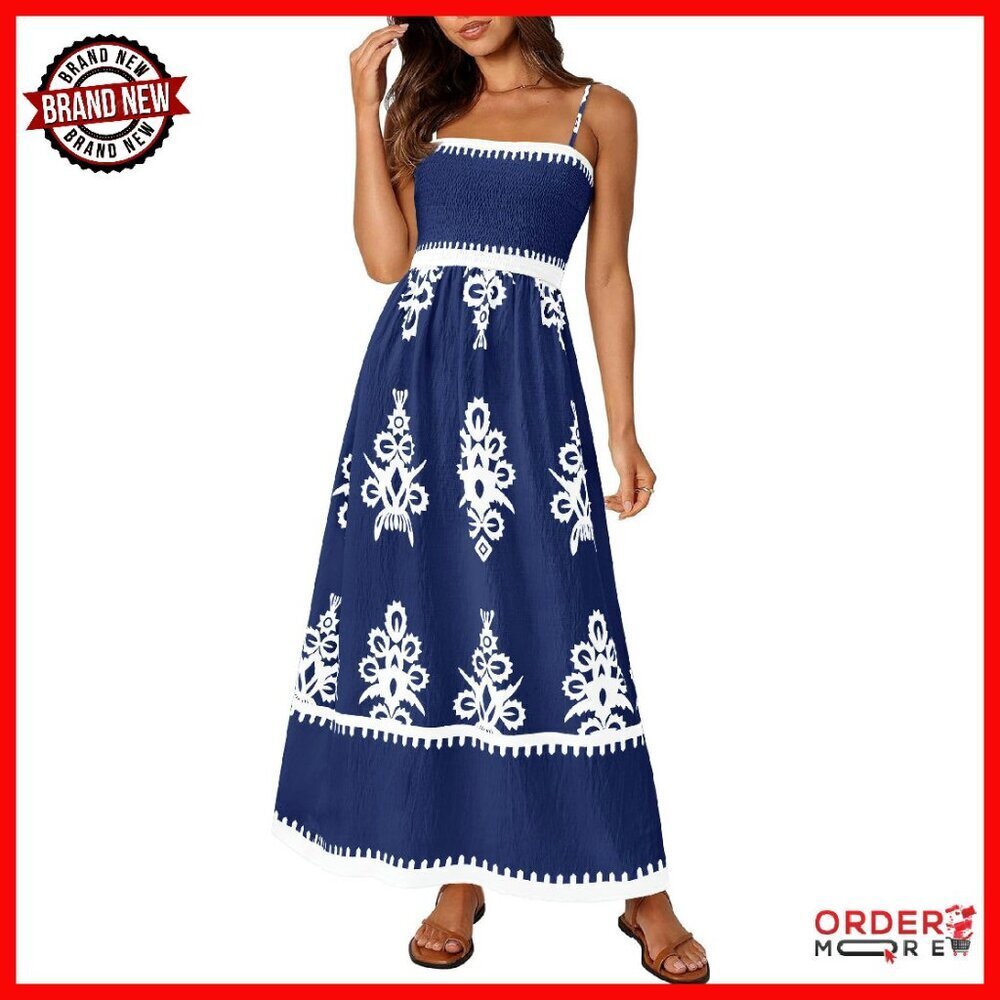 Summer Maxi Dress Spaghetti Strap Flowy Boho Smocked Pockets